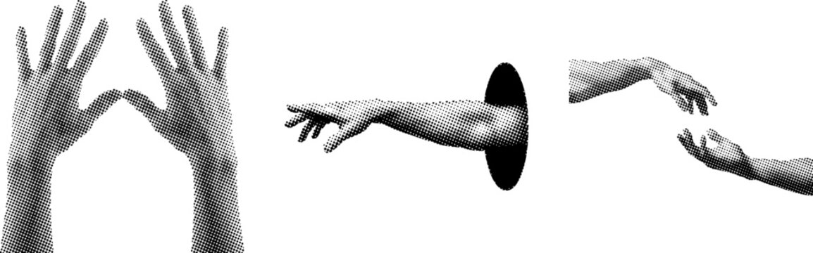 Black and white illustration of human hands in different positions reaching out to each other halftone illustrations
