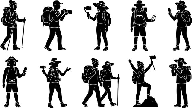 Active hikers and adventurers with gear and photography equipment silhouettes