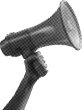  hands holding megaphones with halftone effect on white background for communication and announcement concepts