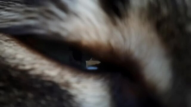Macro shot of cat green eye with vertical slit pupil reflecting outdoor landscape, extreme close-up detail