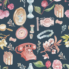 Detailed collection of hand drawn watercolor illustrations of vintage items. Set includes retro rotary phone, desk lamp, old suitcase, sewing threads, loupe, elegant picture frame, jewelry beads and b © Paint_art