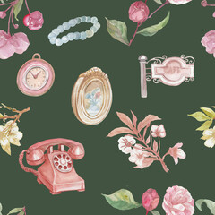 Detailed collection of hand drawn watercolor illustrations of vintage items. Set includes retro rotary phone, desk lamp, old suitcase, sewing threads, loupe, elegant picture frame, jewelry beads and b © Paint_art