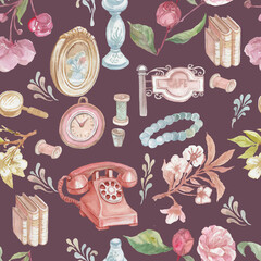 Detailed collection of hand drawn watercolor illustrations of vintage items. Set includes retro rotary phone, desk lamp, old suitcase, sewing threads, loupe, elegant picture frame, jewelry beads and b © Paint_art