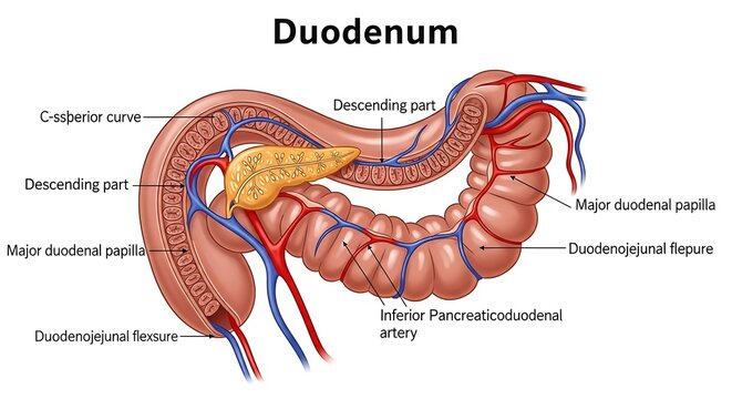 Anatomical diagram of the human duodenum with labeled parts.