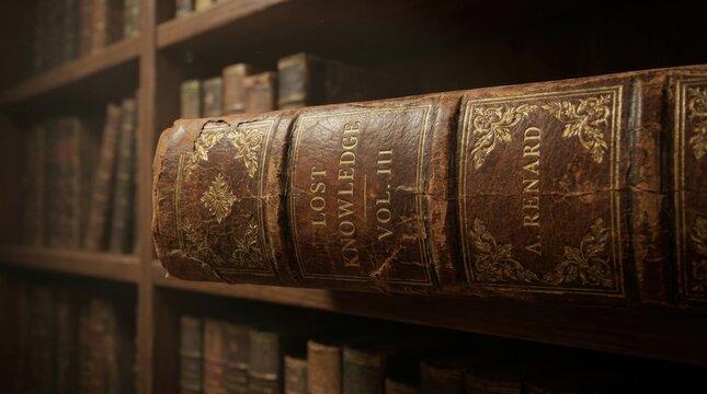 Close-up of an antique leather book spine titled Lost Knowledge Vol III by A Renard with gold leaf embossing and distressed texture on a wooden library shelf background.