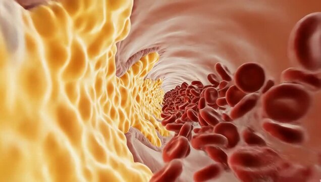 Inside a human artery gradually narrowing from plaque buildup, glowing fatty deposits forming smoothly along transparent vessel walls