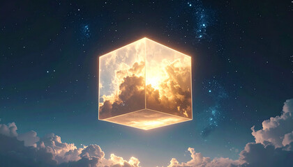 Glowing cube with clouds and stars in space