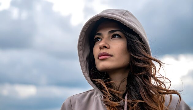 Retrato de mujer con capucha mirando al cielo bajo nubes oscuras en una escena exterior de clima fr&iacute;o