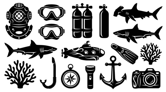 Scuba Diving and Underwater Exploration Black  White Glyph Icon Set with Marine Life  Dive Gear