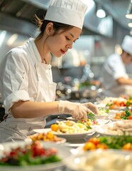 Naklejka premium Chef preparing colorful fresh vegetable pizza in restaurant kitchen.