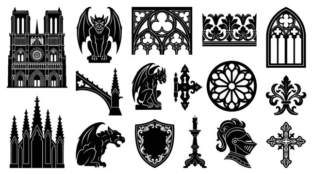 Gothic Architecture Medieval Vector Icons Set: Gargoyles, Notre Dame, Stained Glass Windows, Knight, Cross Glyphs