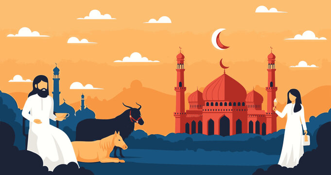 Muslim family celebrating Eid Al Adha with animals and mosque landscape