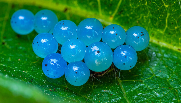 Blue insect eggs on leaf