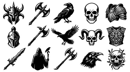 Fototapeta premium Medieval Fantasy Gaming Dark Art Vector Icons: Skulls, Helmets, Axes, Ravens, Armor, Weapons Black White Line Art