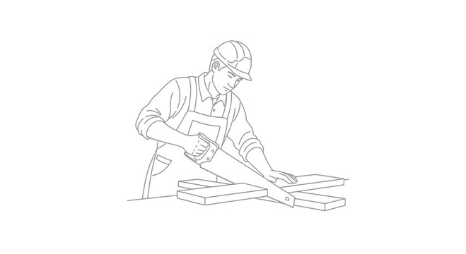Carpenter sawing wood planks with hand saw, illustration on white background