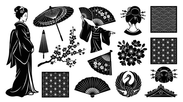 Traditional Japanese Culture Vector Icons Set with Geisha, Kimono, Umbrella, Fan, Sakura, Crane  Asian Patterns Black and White