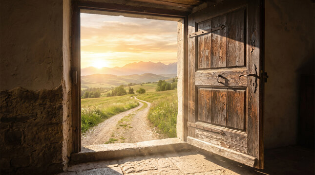 Rustic Wooden Door Opening to a Sunny Mountain Landscape