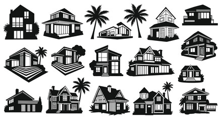 Fototapeta premium Black White Glyph Icons of Modern Traditional Houses, Real Estate