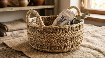 Obraz premium Natural Wicker Basket with Lavender Roll and Greenery Accent