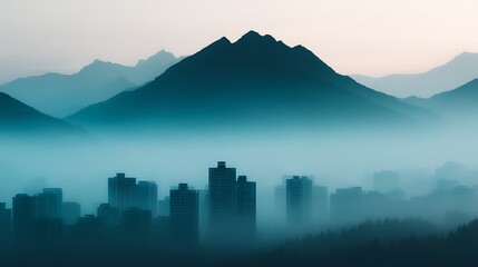 Fototapeta premium A misty cityscape with high-rise buildings in the foreground and layered mountain ranges fading into the misty background.