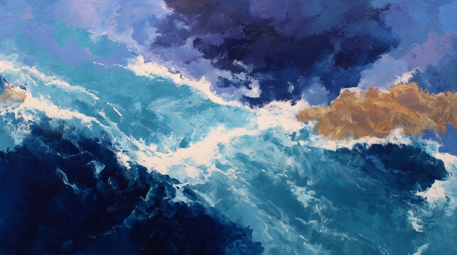 A vast abstract seascape with a massive swirling brown pattern overtaking the blue.