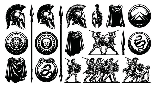 Ancient Greek Spartan Warrior Icon Set: Helmets, Shields, Spears  Battle Scenes - Black  White Line Art