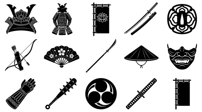 Japanese Samurai Warrior Weapons and Armor Glyphs Set. Traditional Japan Culture, Martial Arts Silhouettes Icons.
