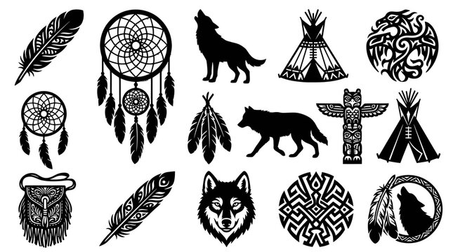 Native American Vector Symbols  Wilderness Glyphs Set: Wolves, Dreamcatchers, Feathers, Teepees, Totem Pole