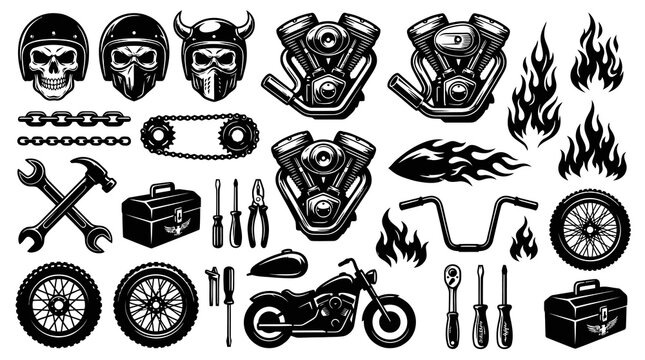Automotive Motorcycle Biker Vector Set - Vintage Black  White Engraving Style Illustration of Helmets, Engines, Tools