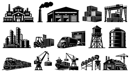 Obraz premium Industrial Icons: Factory, Crane, Train, Ship, Warehouse, Trucks, Containers, Black White