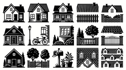 Fototapeta premium Architectural Home Design Vintage Woodcut Illustration Set: Houses, Roofs, Fences, Gardens, and Property Elements