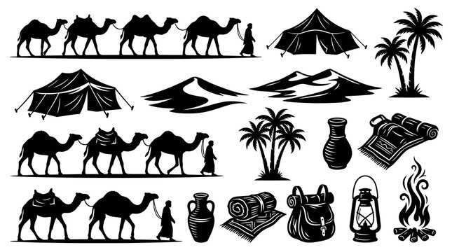 Desert Caravan Camel Tent Palm Tree Oasis Travel Black  White Line Art Vector