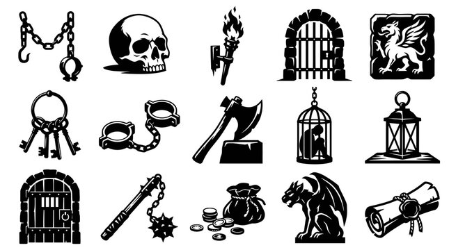 Fantasy Medieval RPG Dungeon Adventure Game Assets Monochrome Glyph Icon Set