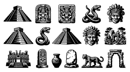 Obraz premium Black White Engraving Style Mesoamerican Ancient Civilization Icons Set with Pyramids, Masks Serpent