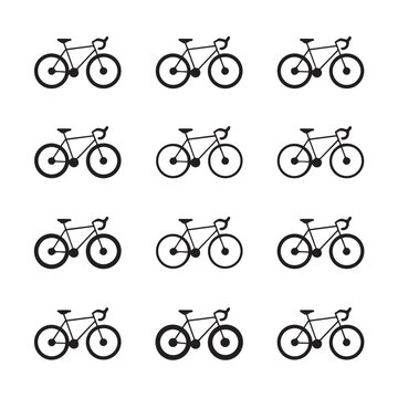 Collection of 12 minimalist bicycle icons in a simple line art style with single speed, two wheeler
