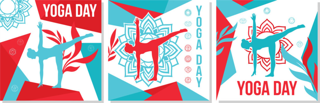 Yoga Day social media post set, geometric wellness banners, 3 abstract fitness flyer templates isolated on White Background