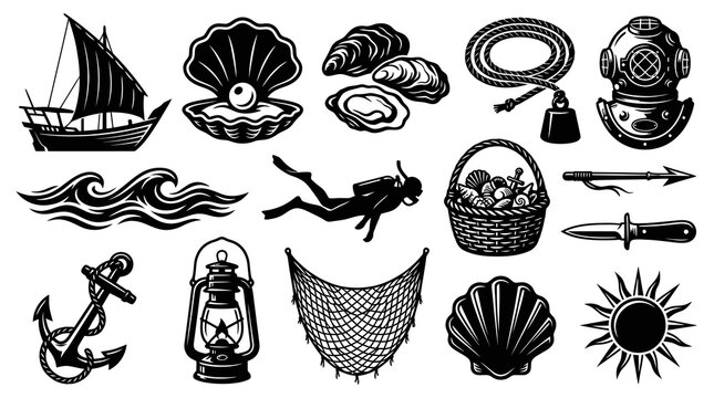 Nautical Marine Sea Icons Collection in Vintage Black and White Line Art Style