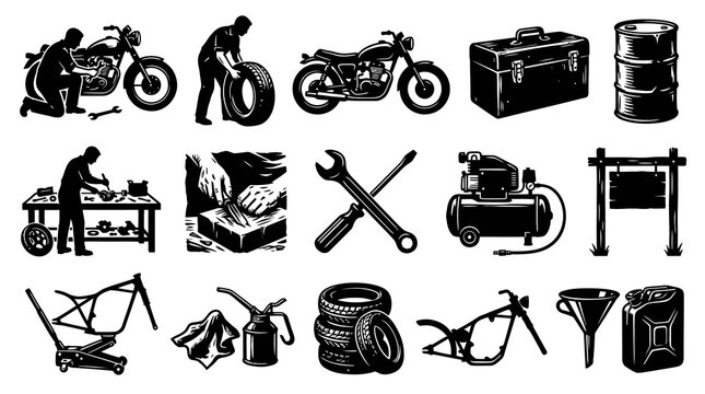 Motorcycle Repair Service Shop Tools And Equipment Black And White Icons Set