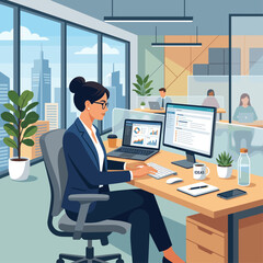 Naklejka premium Woman working in modern office with city view