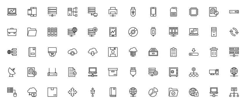 Data storage icon set. Minimal linear icons. Featuring laptop, database, hard disk, cloud, folder, usb, printer, mobile phone, sd card, cpu, network, book, globe, and more. Editable vector stroke.