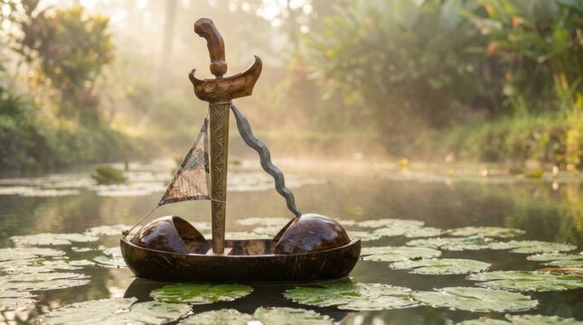Ornate Indonesian kris sword used as a mast for a miniature boat made of coconut shells floating on a pond with lily pads during a misty golden sunrise in a tropical garden setting.