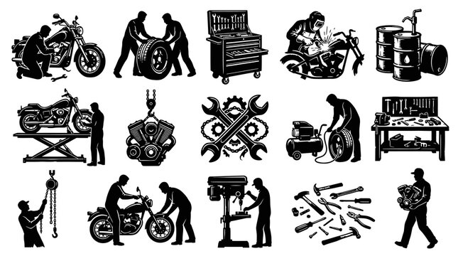 Automotive Mechanic Workshop Tools and Repair Black and White Silhouette Glyph Icons Set