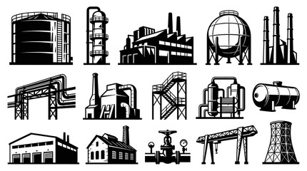 Obraz premium Industrial Plant Icons Set Black and White Line Art Vector Stock