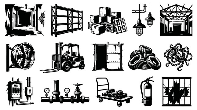 Industrial and Warehouse Equipment Elements Set. Vintage Black and White Vector Illustration
