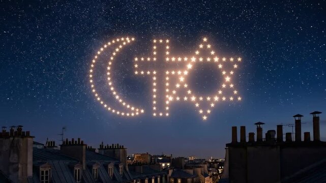 Serene Nighttime City View Featuring Glowing Religious Icons And Peaceful Coexistence Theme Across Rooftops