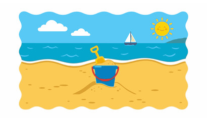 Cute summer beach scene with bucket and shovel for sandcastle play under bright sunny sky vector illustration © MstLutfa