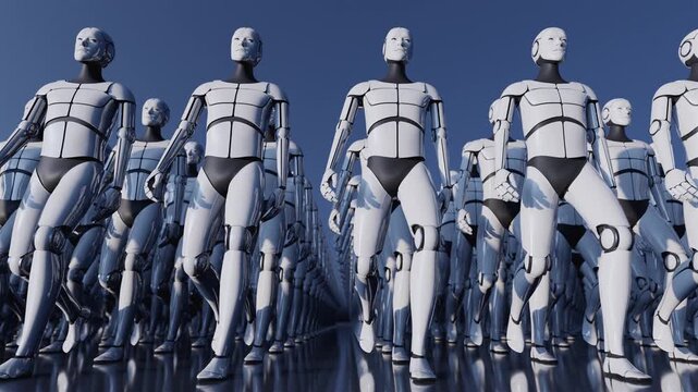 Seamless 3d loop of an army of identical futuristic androids. Abstract visualization of artificial intelligence, cloning and technology evolution. Cinematic sci-fi atmosphere for tech projects.