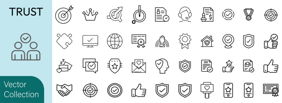 Trust icon set. Containing confidence, credibility, promise, trustworthiness, friends, truth, faith, sincerity, and honesty. Editable line icons. Vector illustration.