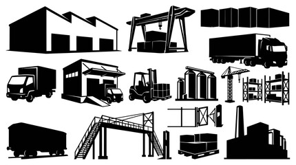 Obraz premium Black and White Industrial Logistics Silhouette Icons Set: Factory, Truck, Crane, Warehouse Elements