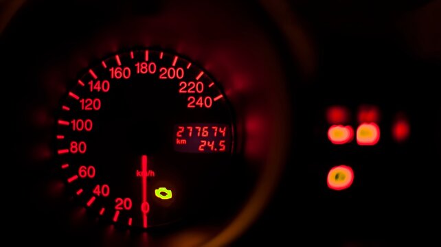 Car speedometer showing kilometers per hour and total kilometers driven at night
